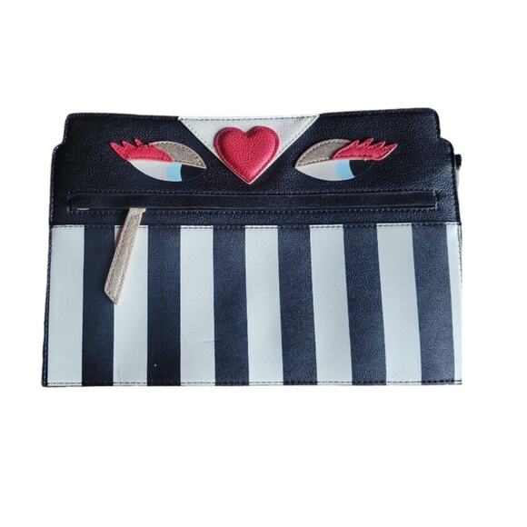 Betsey Johnson Vintage Halloween Clutch Black White Stripe Watching Eyes Heart - Picture 1 of 3